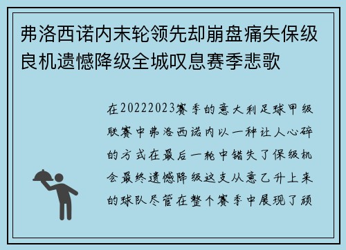 弗洛西诺内末轮领先却崩盘痛失保级良机遗憾降级全城叹息赛季悲歌